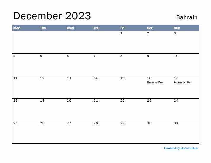 December 2023 Simple Monthly Calendar for Bahrain