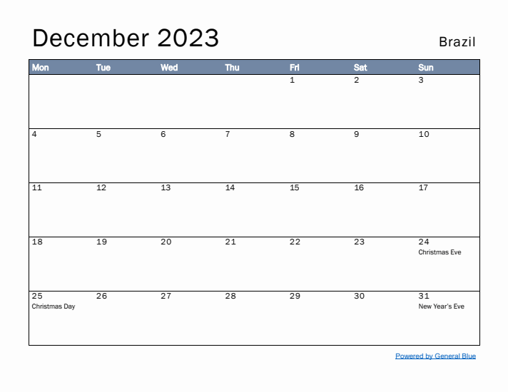 December 2023 Simple Monthly Calendar for Brazil