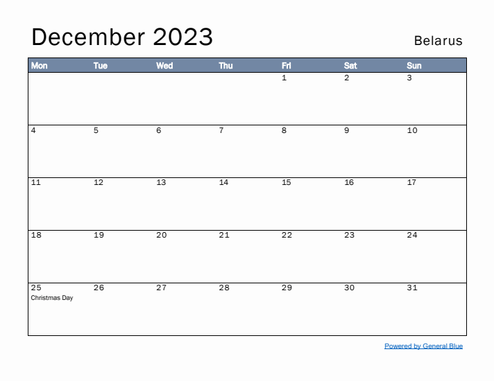 December 2023 Simple Monthly Calendar for Belarus