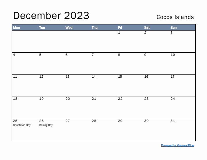 December 2023 Simple Monthly Calendar for Cocos Islands