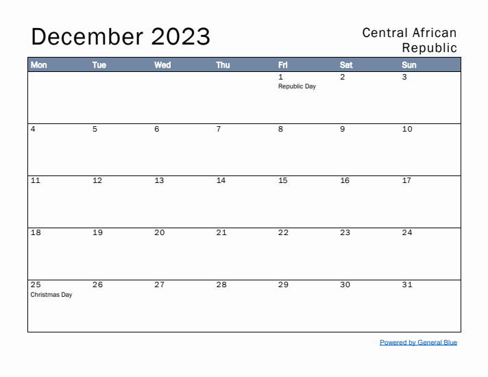 December 2023 Simple Monthly Calendar for Central African Republic