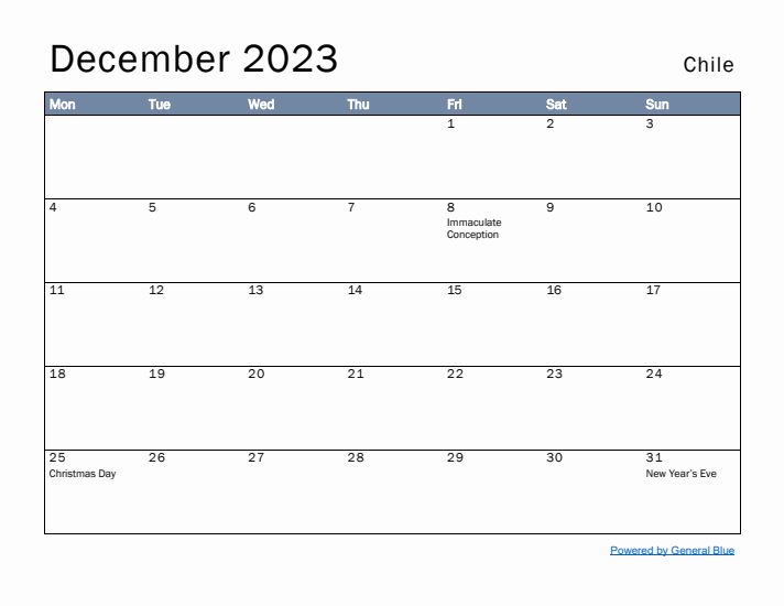 December 2023 Simple Monthly Calendar for Chile