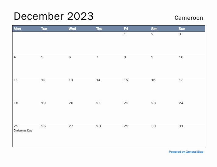 December 2023 Simple Monthly Calendar for Cameroon