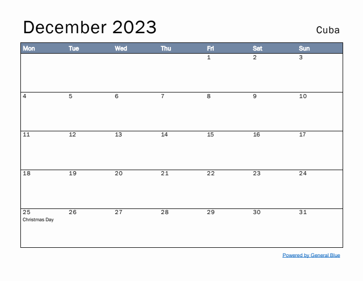 December 2023 Simple Monthly Calendar for Cuba