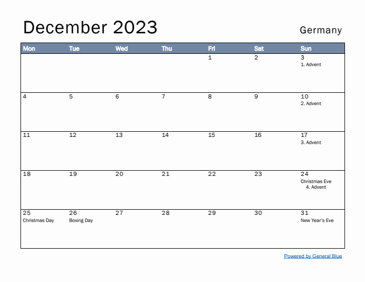 December 2023 Simple Monthly Calendar for Germany