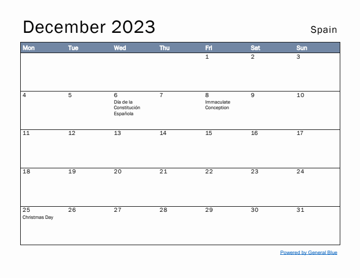 December 2023 Simple Monthly Calendar for Spain