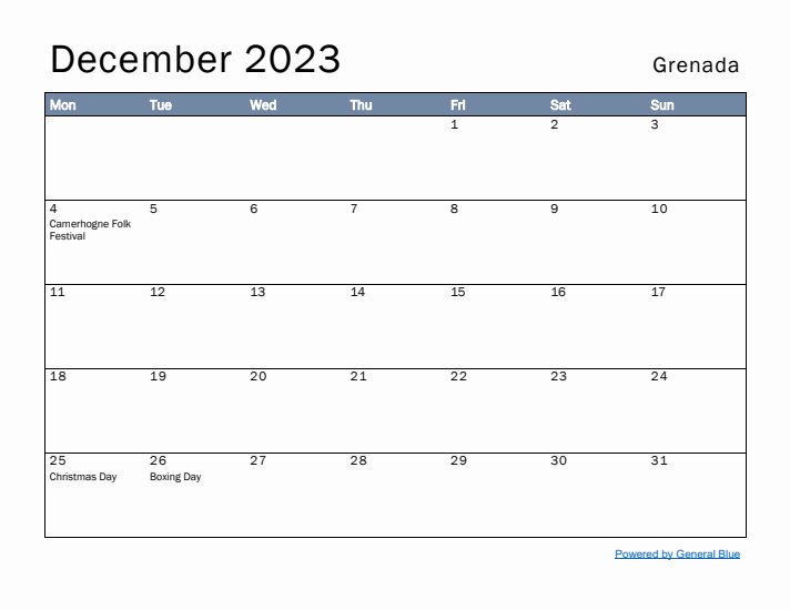 December 2023 Simple Monthly Calendar for Grenada