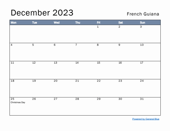 December 2023 Simple Monthly Calendar for French Guiana