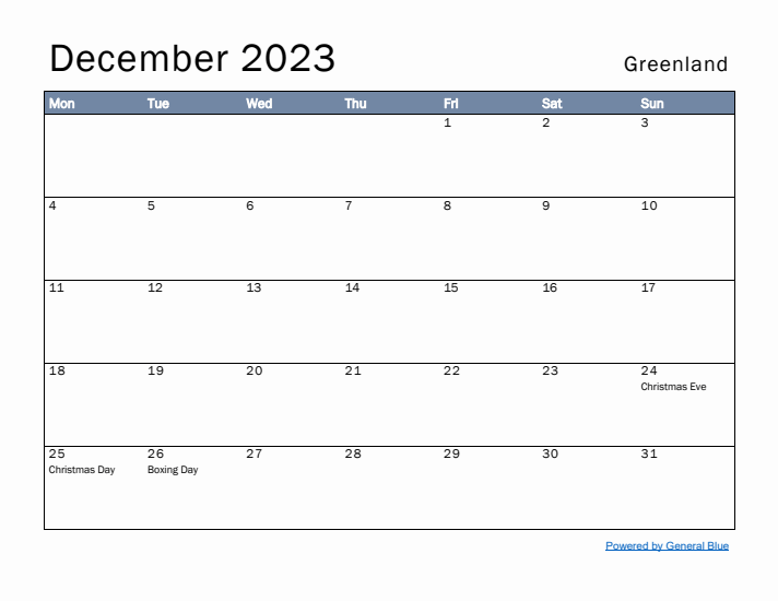 December 2023 Simple Monthly Calendar for Greenland