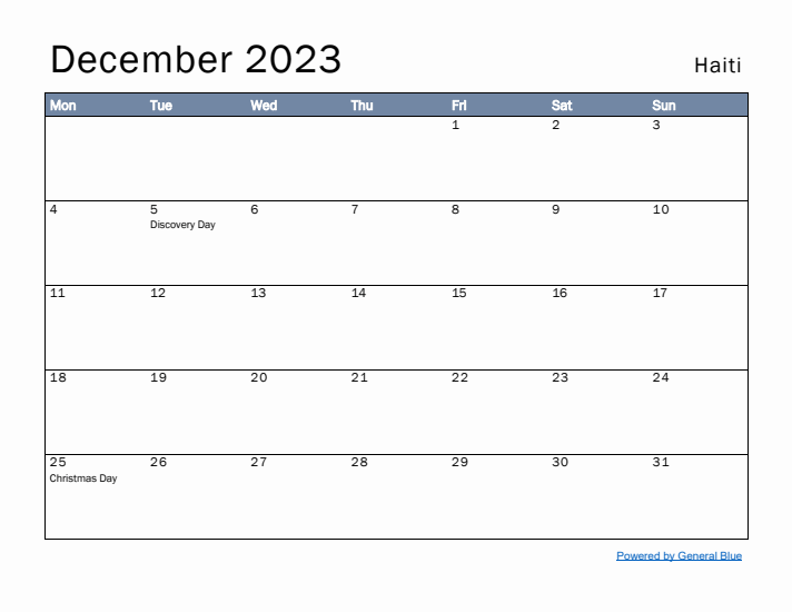 December 2023 Simple Monthly Calendar for Haiti