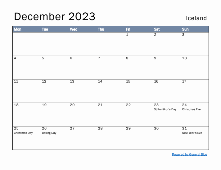 December 2023 Simple Monthly Calendar for Iceland