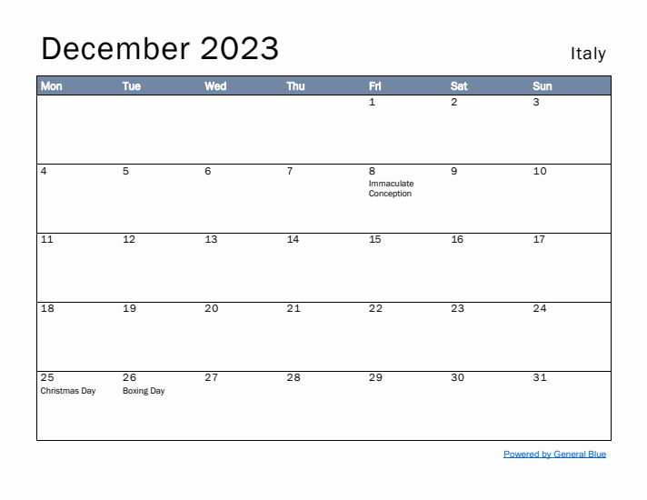 December 2023 Simple Monthly Calendar for Italy