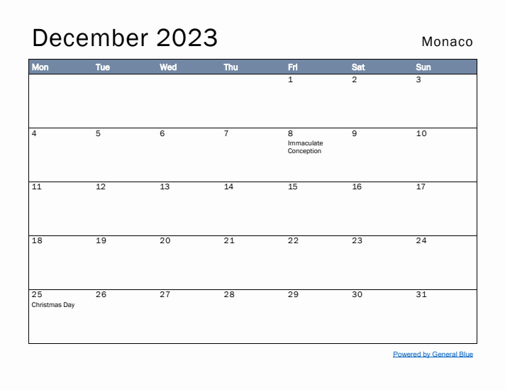 December 2023 Simple Monthly Calendar for Monaco