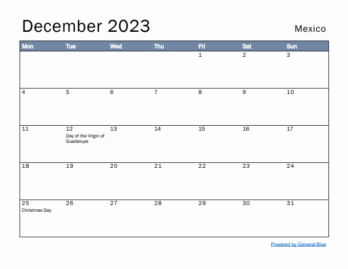 December 2023 Simple Monthly Calendar for Mexico