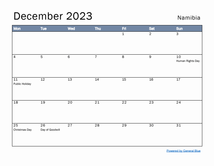 December 2023 Simple Monthly Calendar for Namibia