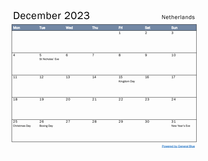 December 2023 Simple Monthly Calendar for The Netherlands