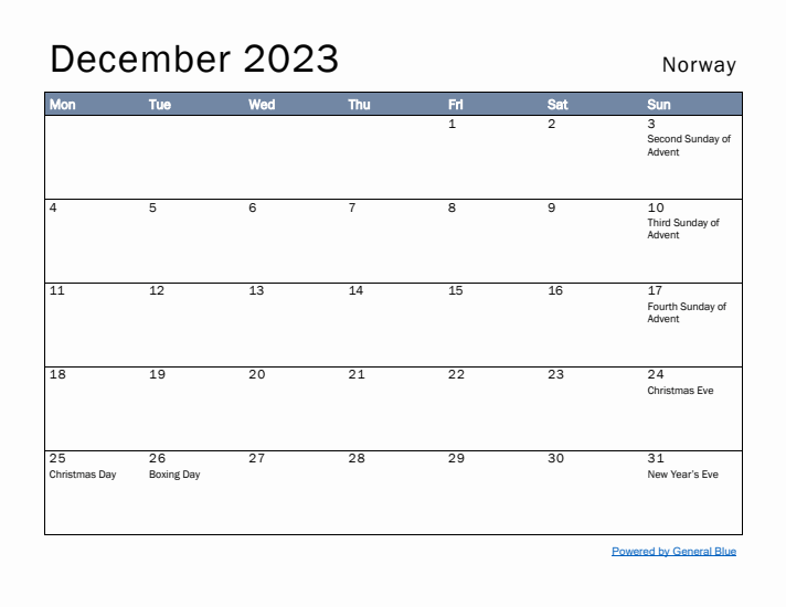 December 2023 Simple Monthly Calendar for Norway