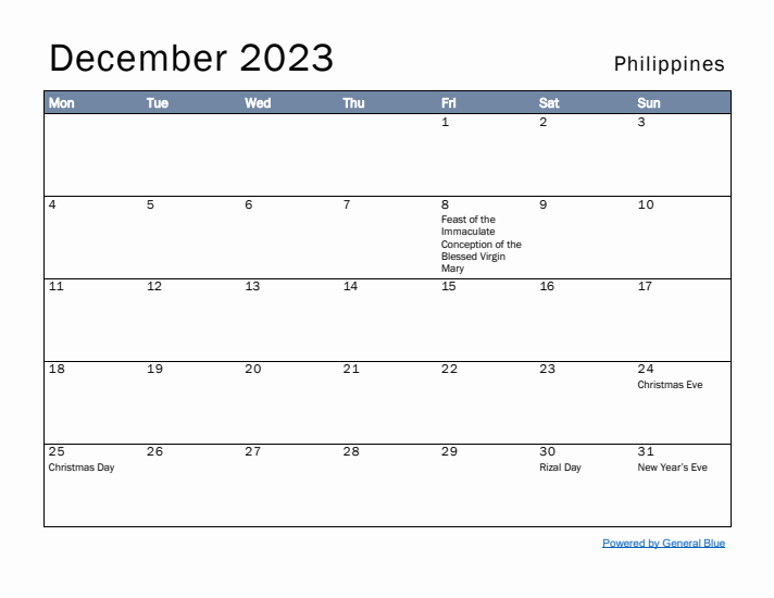 December 2023 Simple Monthly Calendar for Philippines