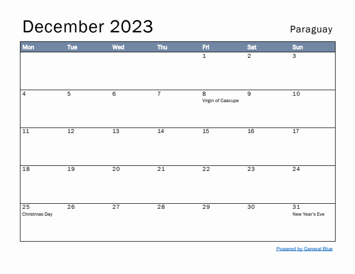 December 2023 Simple Monthly Calendar for Paraguay