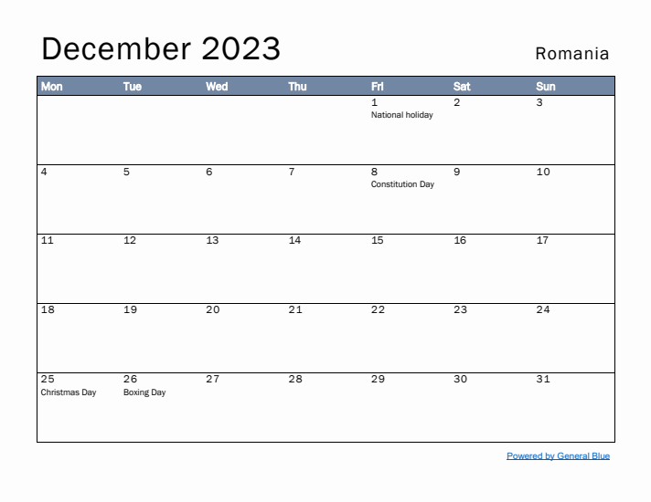 December 2023 Simple Monthly Calendar for Romania