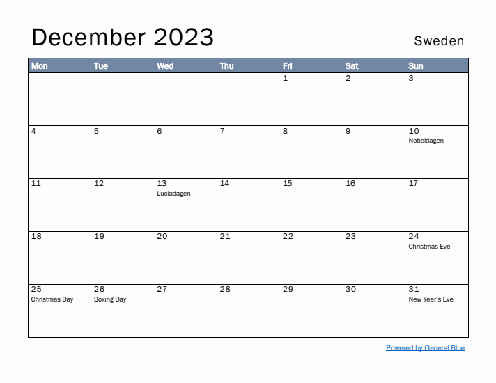 December 2023 Simple Monthly Calendar for Sweden