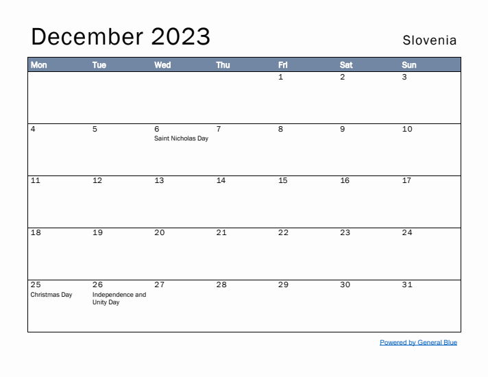 December 2023 Simple Monthly Calendar for Slovenia