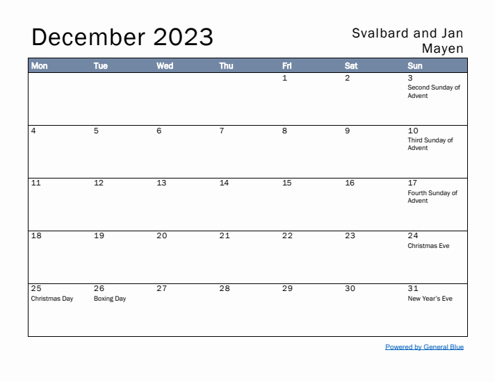 December 2023 Simple Monthly Calendar for Svalbard and Jan Mayen