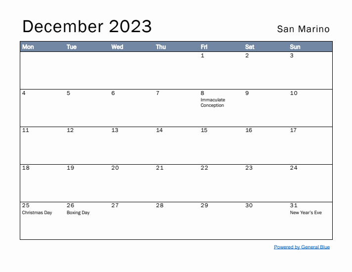 December 2023 Simple Monthly Calendar for San Marino