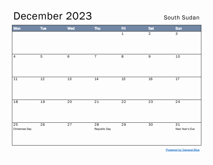 December 2023 Simple Monthly Calendar for South Sudan