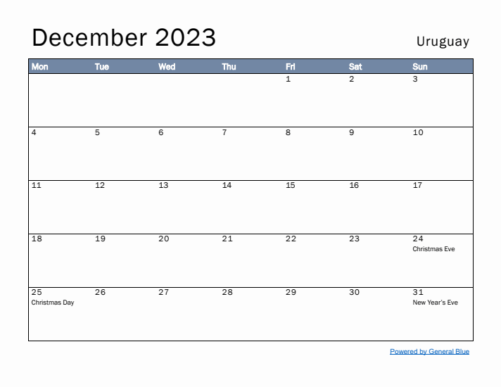 December 2023 Simple Monthly Calendar for Uruguay