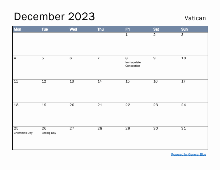 December 2023 Simple Monthly Calendar for Vatican