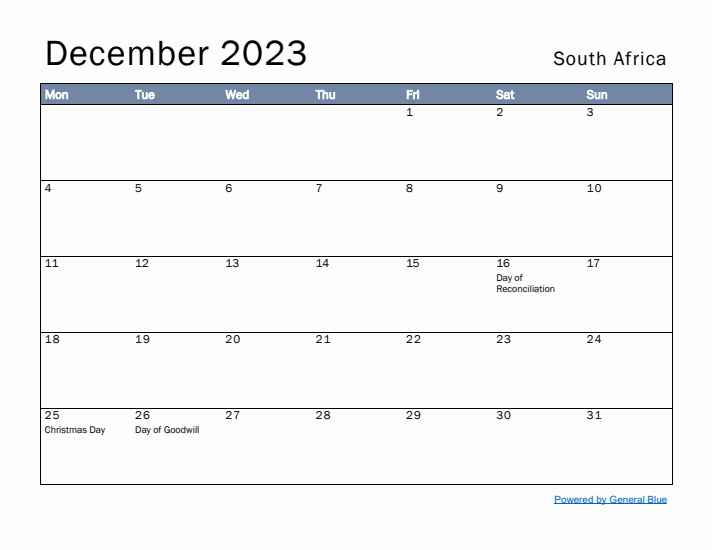 December 2023 Simple Monthly Calendar for South Africa