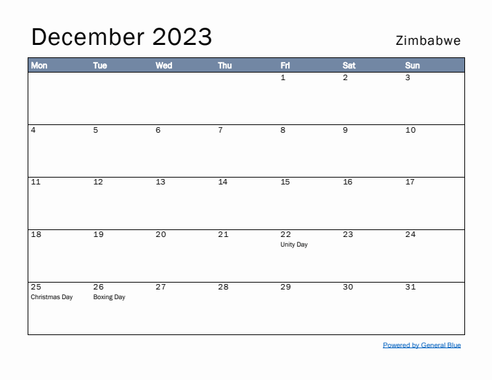 December 2023 Simple Monthly Calendar for Zimbabwe