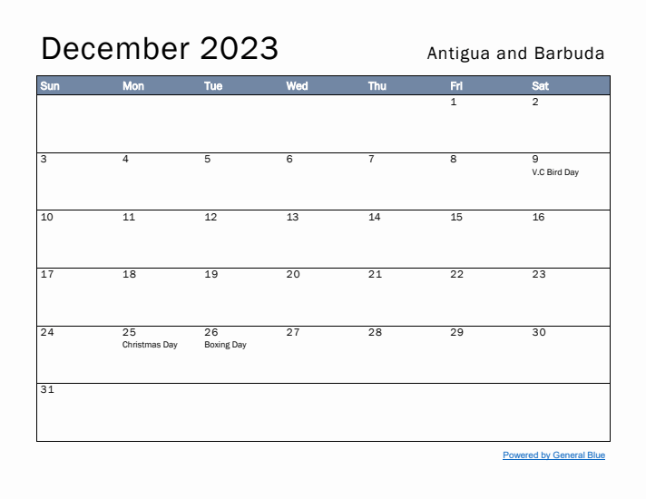 December 2023 Simple Monthly Calendar for Antigua and Barbuda