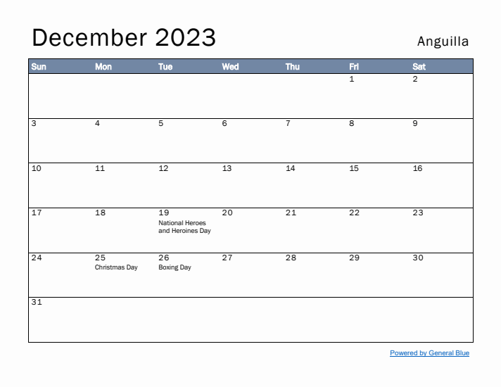 December 2023 Simple Monthly Calendar for Anguilla