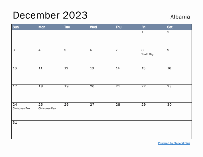 December 2023 Simple Monthly Calendar for Albania