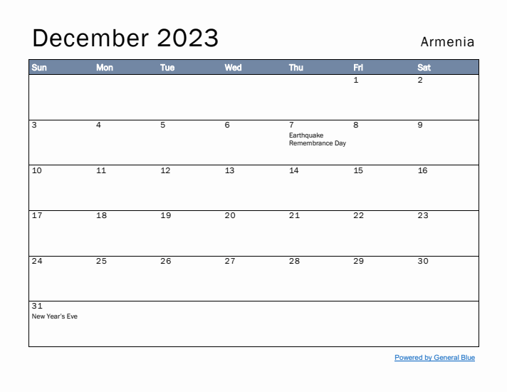 December 2023 Simple Monthly Calendar for Armenia