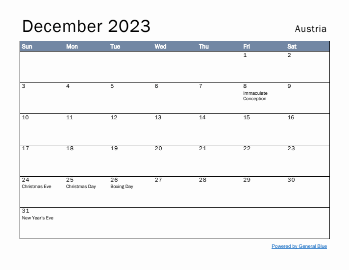 December 2023 Simple Monthly Calendar for Austria