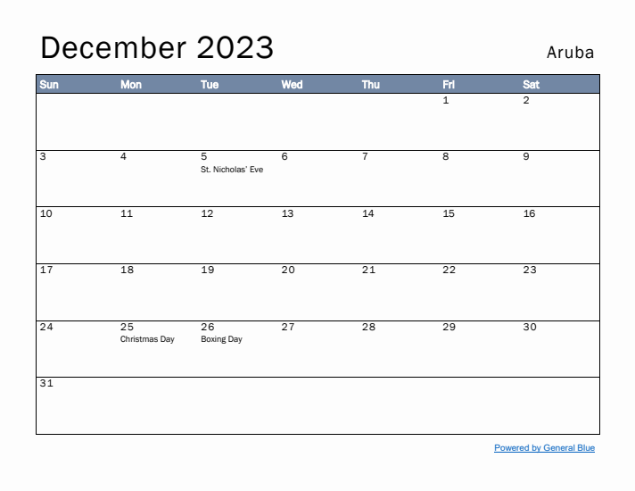 December 2023 Simple Monthly Calendar for Aruba