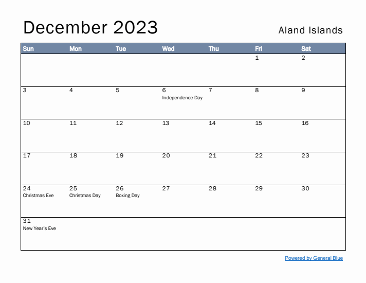 December 2023 Simple Monthly Calendar for Aland Islands