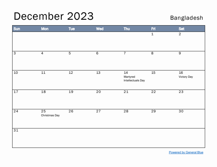 December 2023 Simple Monthly Calendar for Bangladesh