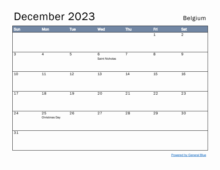 December 2023 Simple Monthly Calendar for Belgium