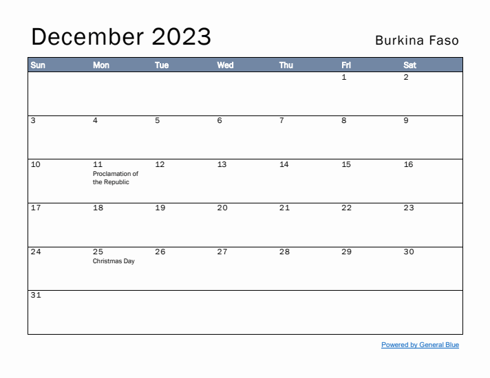 December 2023 Simple Monthly Calendar for Burkina Faso