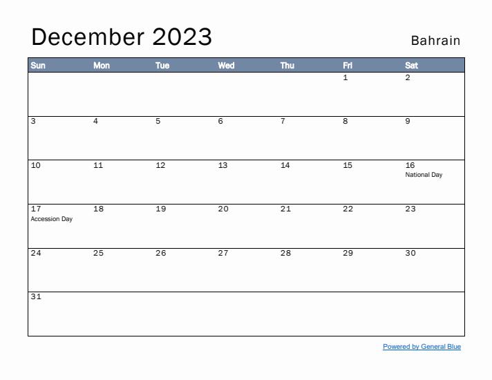 December 2023 Simple Monthly Calendar for Bahrain