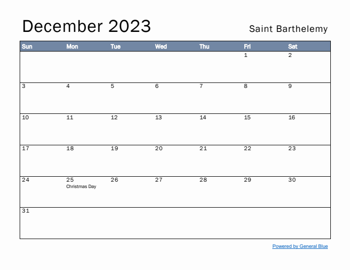 December 2023 Simple Monthly Calendar for Saint Barthelemy