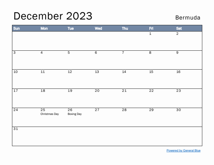 December 2023 Simple Monthly Calendar for Bermuda