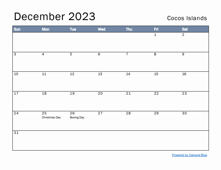 December 2023 Simple Monthly Calendar for Cocos Islands