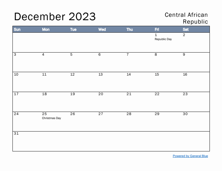 December 2023 Simple Monthly Calendar for Central African Republic