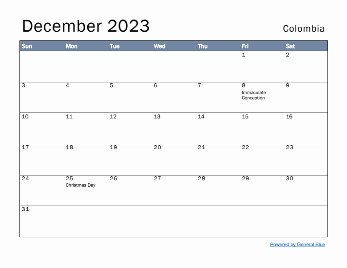 December 2023 Simple Monthly Calendar for Colombia