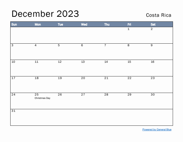 December 2023 Simple Monthly Calendar for Costa Rica